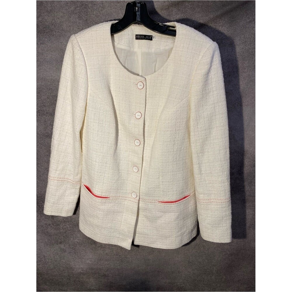 Noche Mio Classic Tweed Blazer Jacket White Metallic Sparkle Red Trim Size 42 L